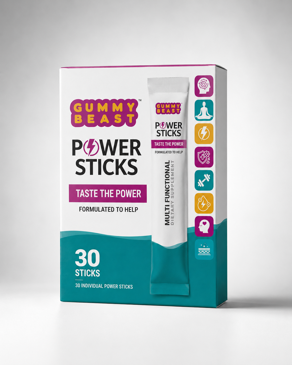 Gummy Beast box of 30 unflavoured 5 g creatine monohydrate stick packs on a cream background